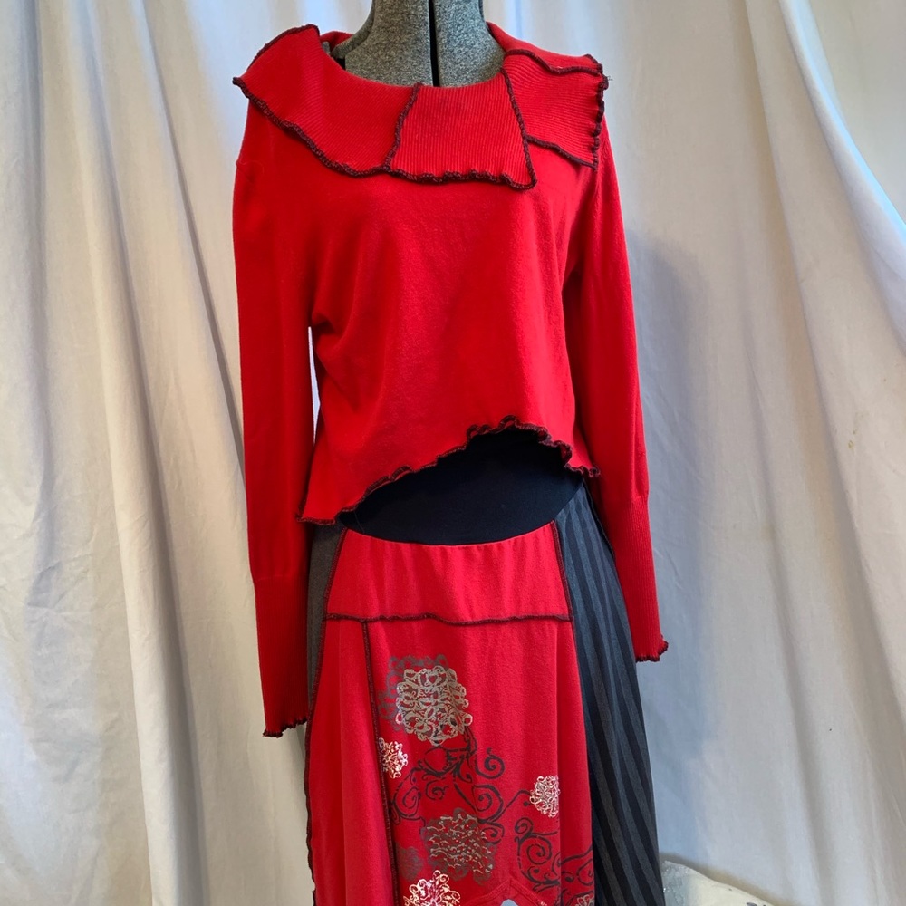DoOverDesigns Etsy women’s Large recycled sweater top n skirt red 1 of a kind